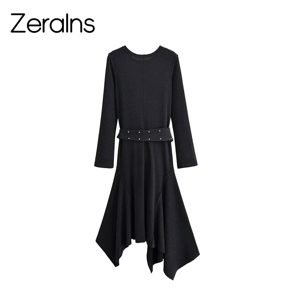 ZERAINS 2025 فستان نسائي شتوي جديد برقبة دائرية وأكمام طويلة وحزام مثبت غير متماثل فستان فلوت للتخسيس #2