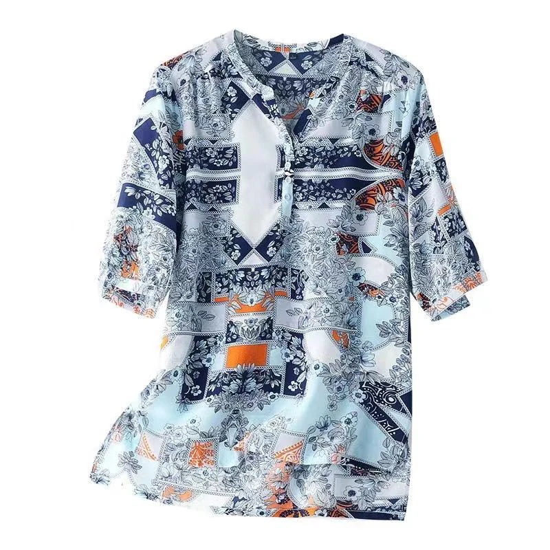 Summer Elegant Fashion New Chic Shirt Women Folk Vintage All Match Contrasting Color V Neck Half Sleeve Print Loose Casual Top