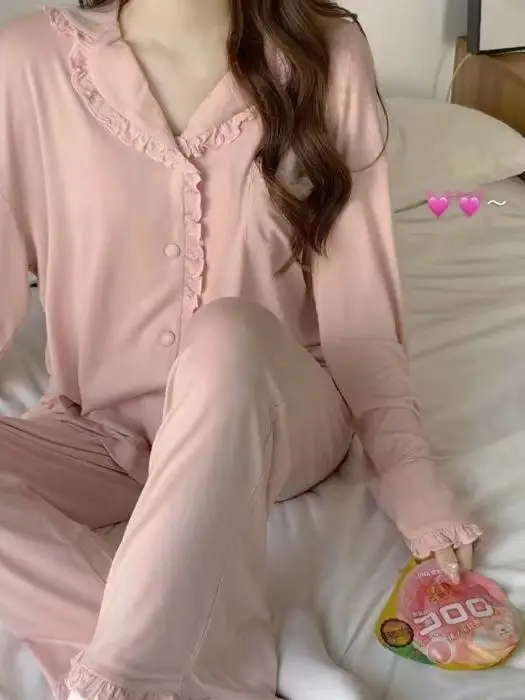 Simple Sweet Pajamas Flanged Casual Nightdress Women Spring Sleepwear Long Sleeve Lapel Home Wear Set Solid Color Loose Pyjamas