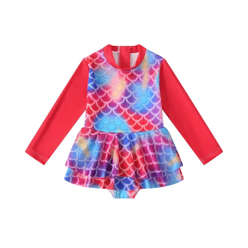 

2025 aaa Детское бикини «Русалочка» с рыбьей чешуей, молния сзади, тай-дай, солнцезащитный купальник с длинными рукавами, купальник для девочек на берегу моря G