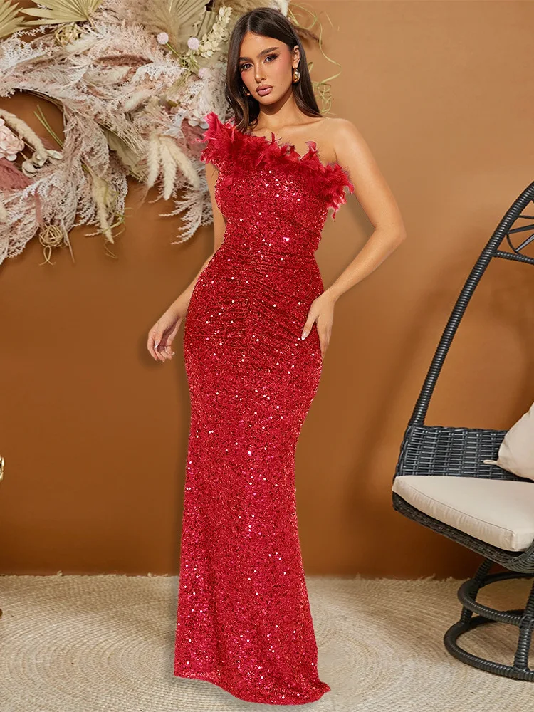 

One-shoulder Sequin Feather Bodycon Dress For Jazz Dance – Stage Performance Dresses With Glamorous Sparkle And Drama