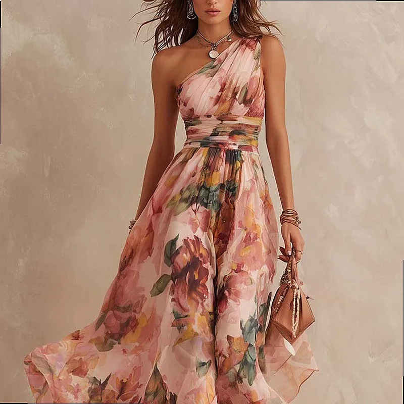 Fotografia 4: Vestido Feminino de Verão Elegante Sem Mangas com Ombro Assimétrico e Estampa, Macacão Primavera Verão