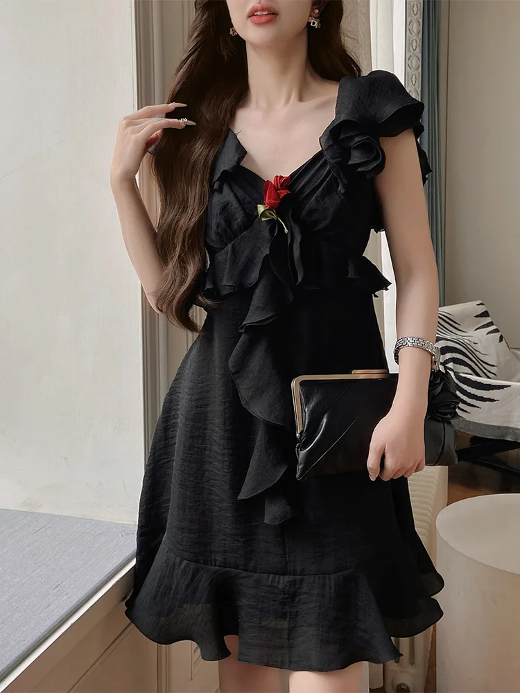 Vestido sólido de verão vestido feminino em camadas com decote em v na altura do joelho saia evasê y2k 2025 novo dabwawa da1bdr026