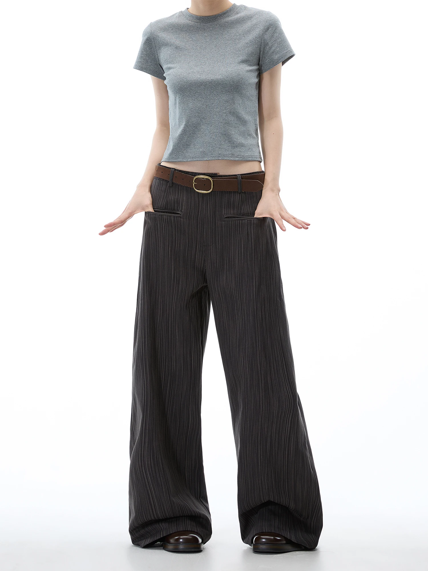 

Женские широкие брюки с высокой талией Deep ey, свободные длинные брюки, весенне-осенние, текстурированные, повседневные, прямые, в пол