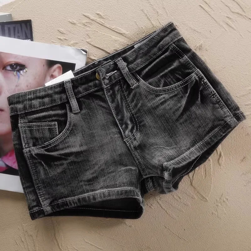 

Black and Gray Low Waist Retro Denim Shorts Female Sexy Y2k Hip-wrapped Jeans Hot Pants