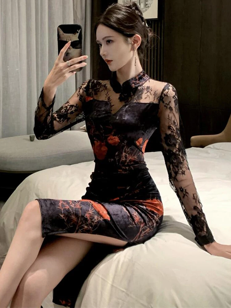 Automne hiver noir à fleurs velours Patchwork dentelle robe femmes à manches longues élégant pure robe Sexy 2025 coréen Vintage robe de bal
