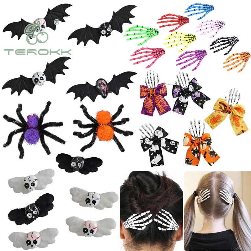 Halloween Bow Skull Hair Clip Skeleton Ghost Hand Bone Hairpin Punk Gothic Personality Women Girls Hairclips Hair Accessories