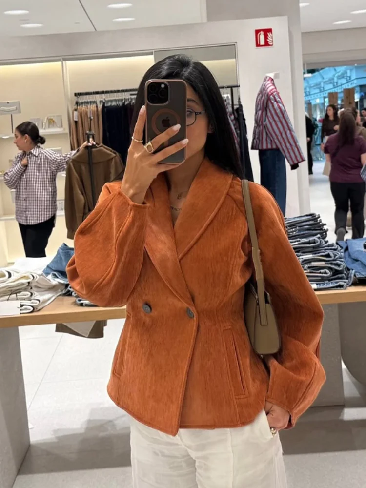 Lady Fashion Solid Color Short Waist Collar Coat Double Breasted Long Sleeve Pocket Jacket 2026 Autumn Winter Commute Outerwear