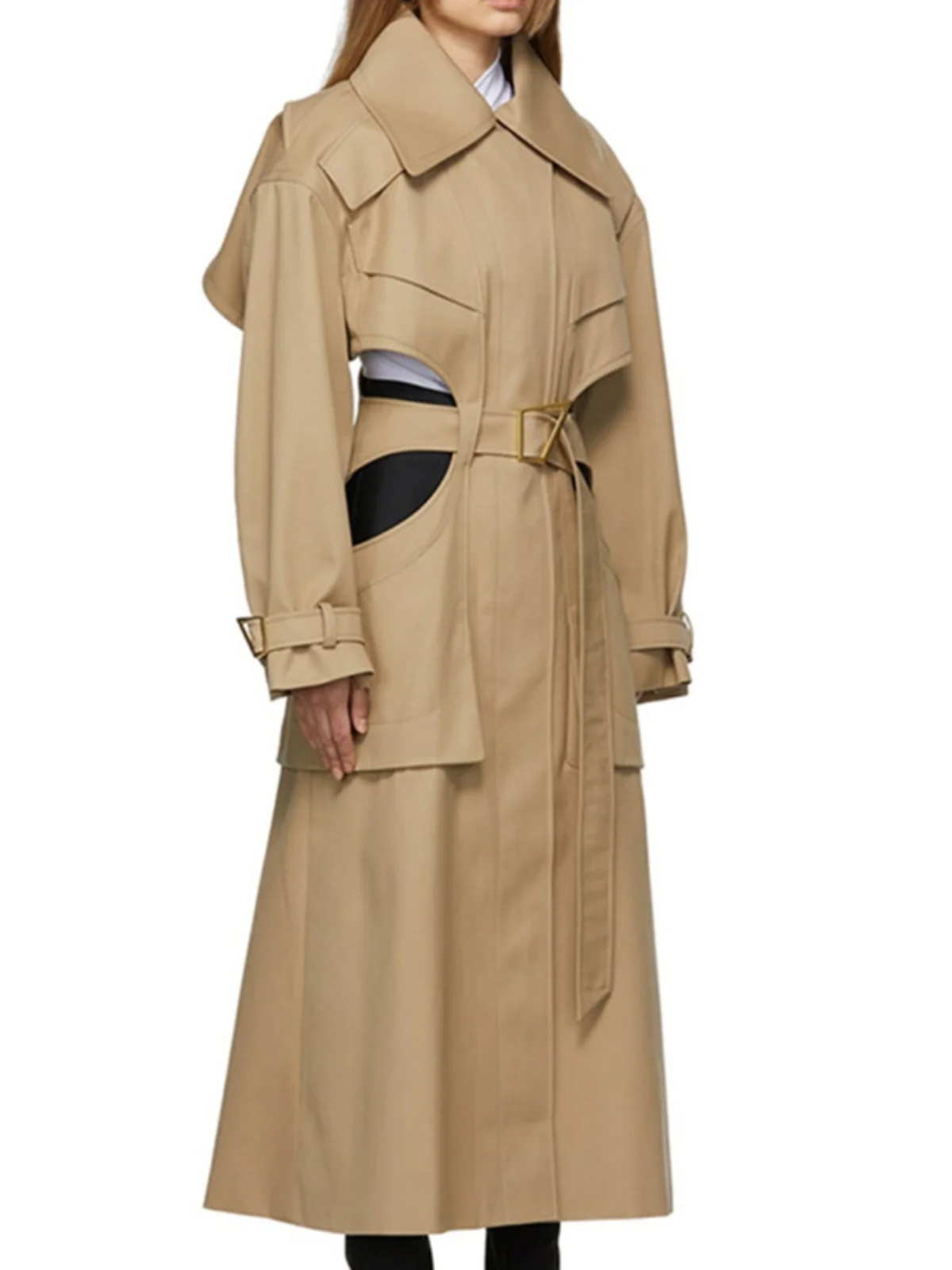 

Пальто женское демисезонное STUDIO Faionable с деконструированным кроем, вырезами на талии, ажурной структурой и жесткой подкладкой, с длинным воротником