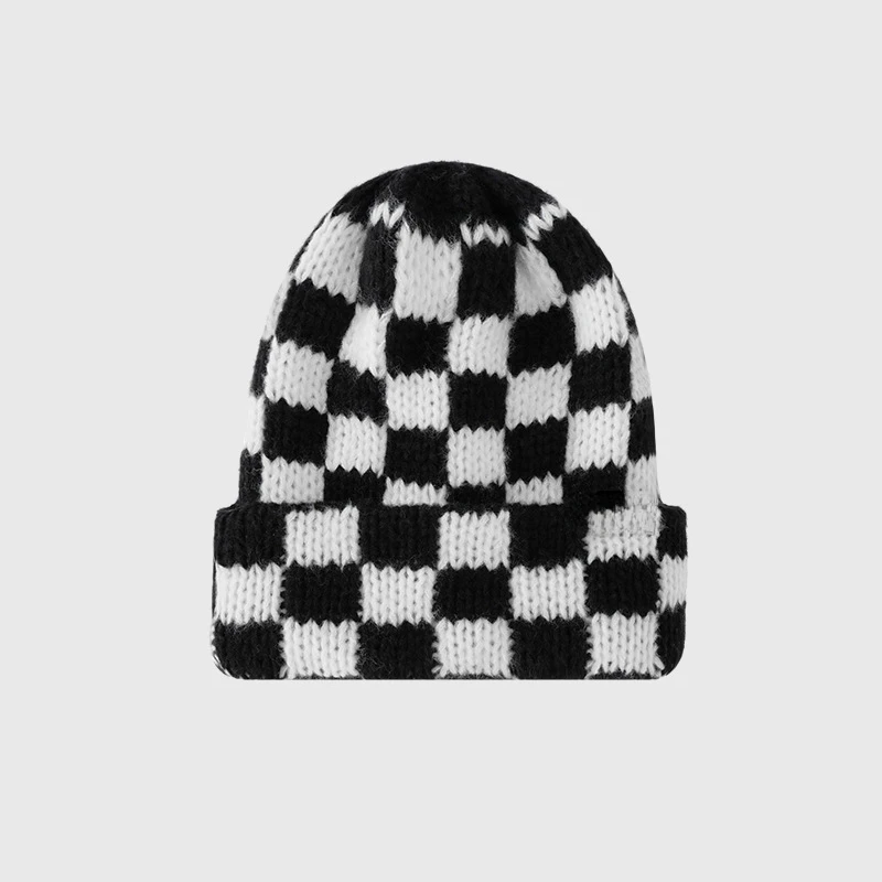 New Japanese Korean Winter Check Plaid Skullies Beanies Knit Hat for Women Ins Luxury Brand Y2k Bonnet Heavy Warm Hat Casual Cap