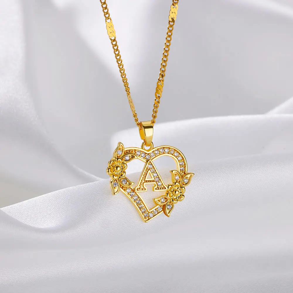 Heart Initial Letter Necklaces for Women Gold Color Dainty Flower Stainless Steel Necklace Alphabet Jewelry Freeshipping Item