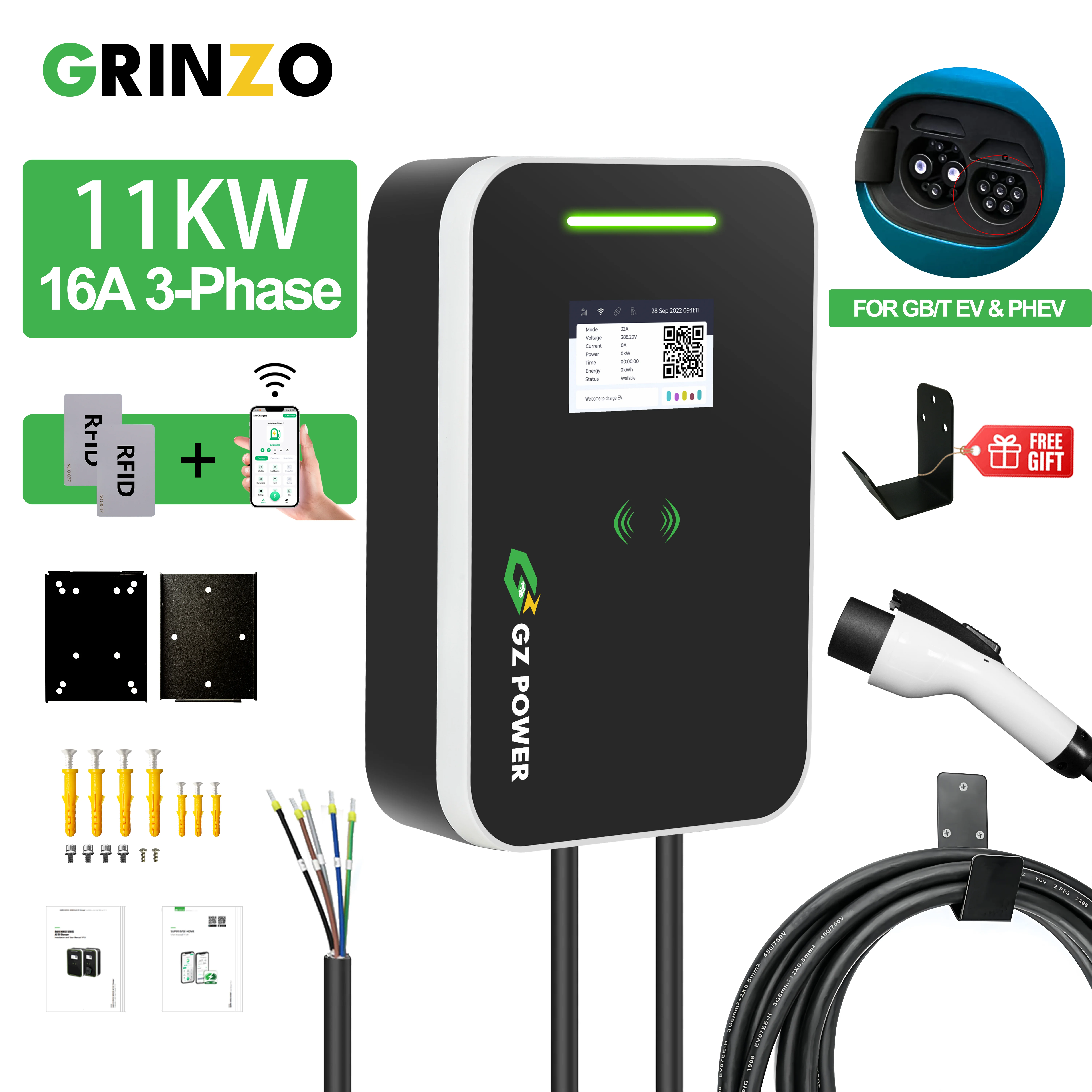 

EV Charging Station Cable 16A Electric Vehicle Car Charger EVSE Wallbox Wall Mount gbt Cable Level 2 240V 11KW