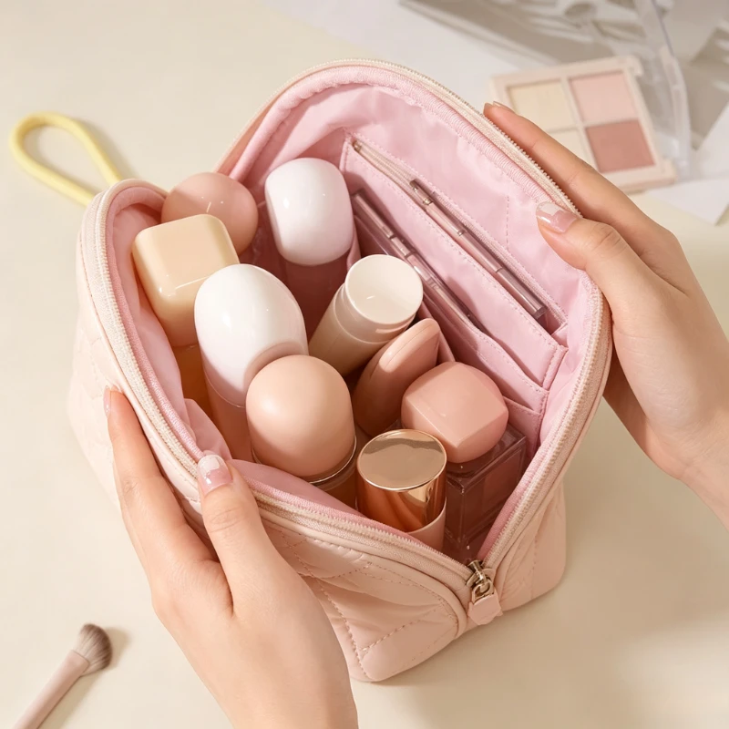 Heart Quilted Half-Moon Cosmetic Bag for Women, Soft Padded Makeup Organizer Pouch, Small Clutch Handheld Storage