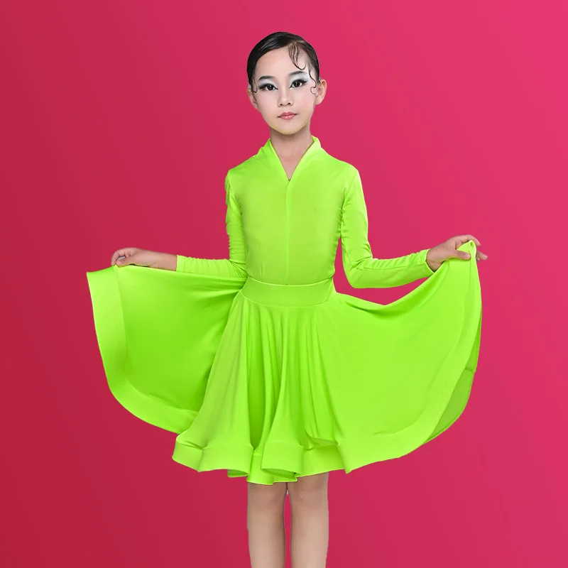 Long Short Sleeves Children Latin Dance Costume for Professional Competition Girls' Large Swing Dress Latin Training Performance