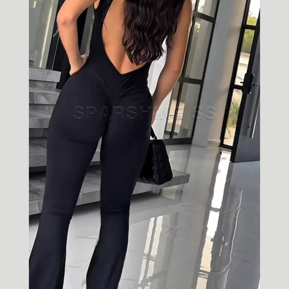 Frauen Ärmellose Schwarze Overall Kleidungsstück Sommer Streetwear Backless Party Outfits Einteilige Strampler Dünne Länge Hosen