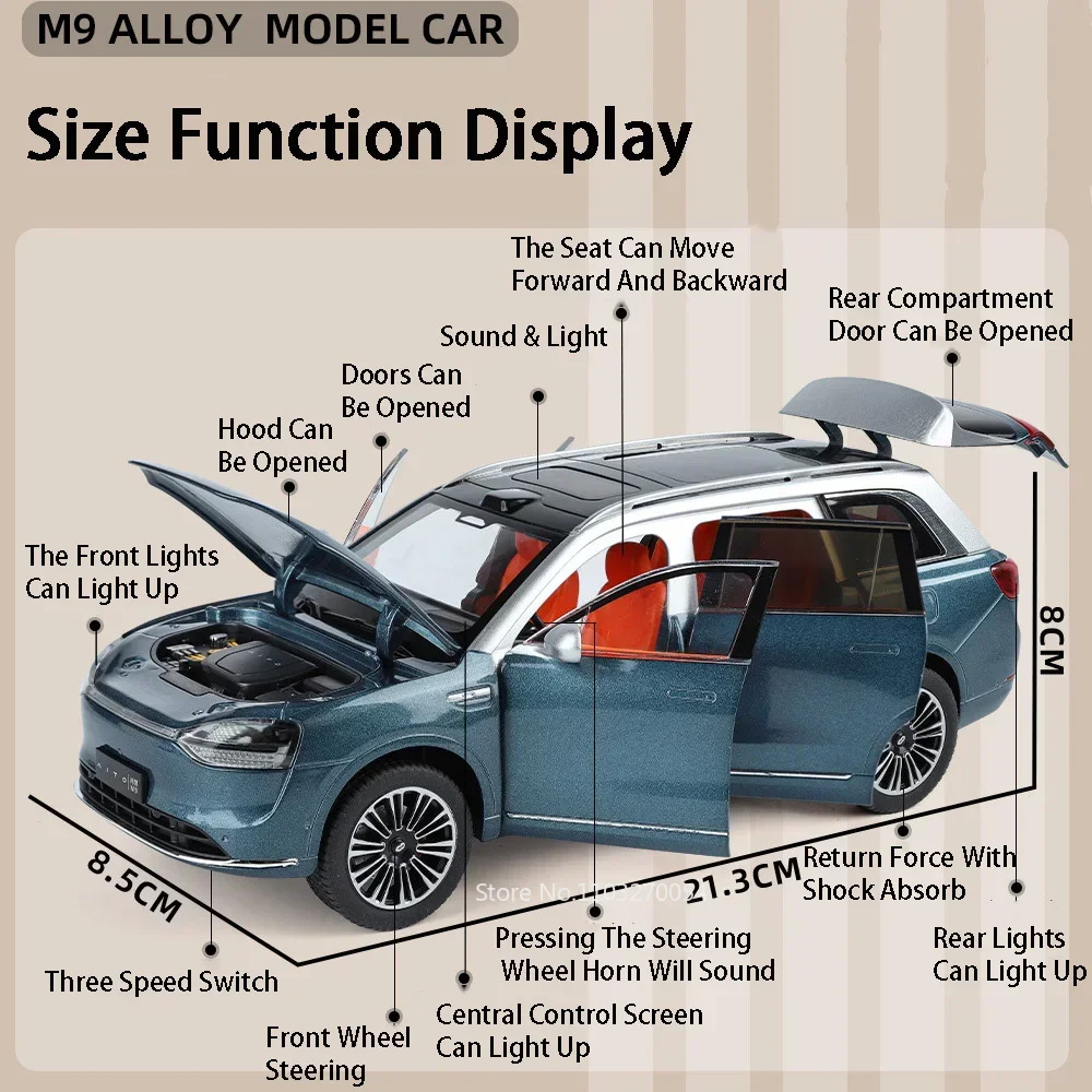 1:24 AITO M9 SUV Modell Spielzeug Auto Legierung Metall Druckguss Sound Licht Zurückziehen 6 Tür Geöffnet Gummi Reifen Fahrzeug Sammeln Ornament