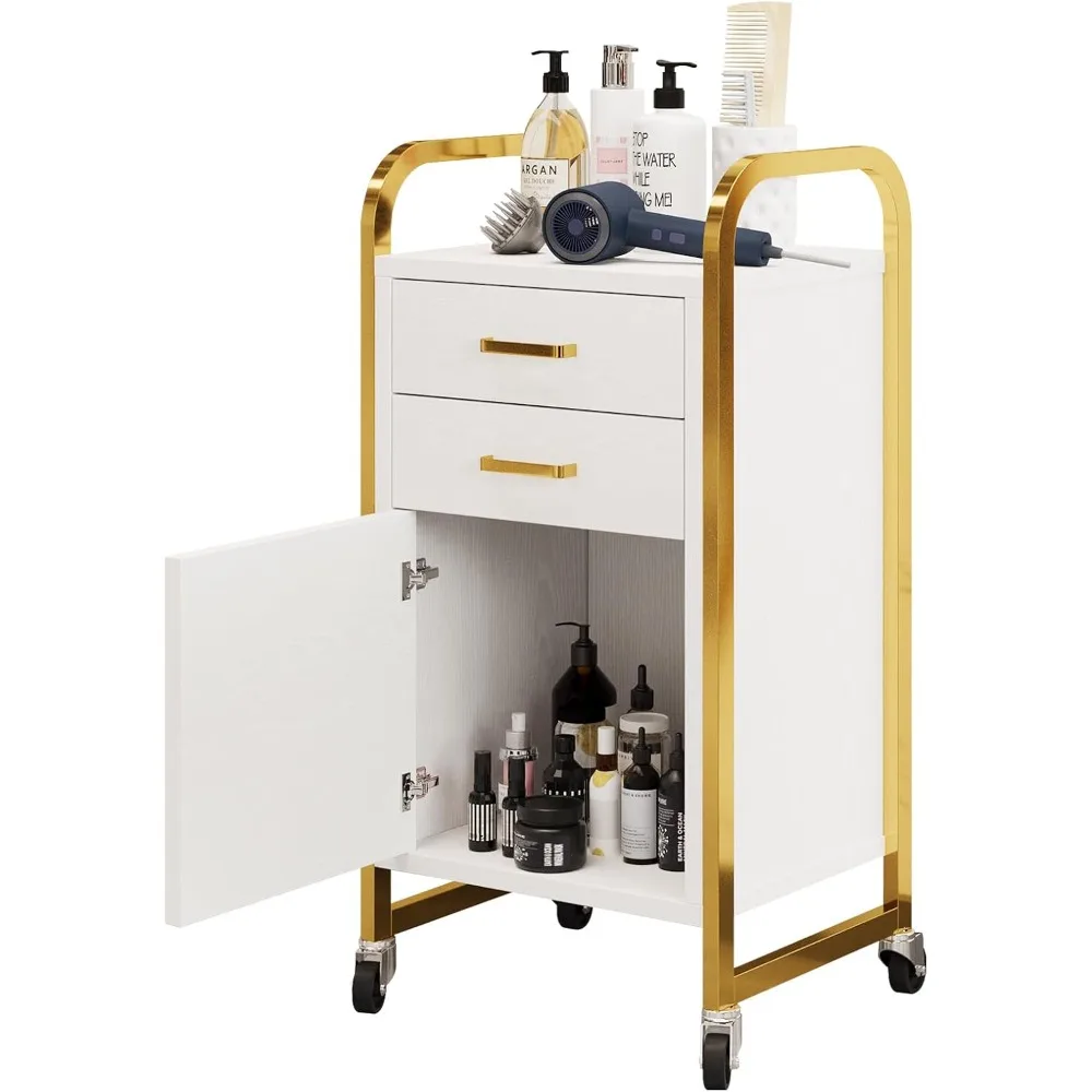 عربة دوارة لصالونات التجميل باللونين الأبيض والذهبي مع عجلات، عربة تجميل متنقلة مع درجين، محطة صالون مع خزانة تخزين للشعر