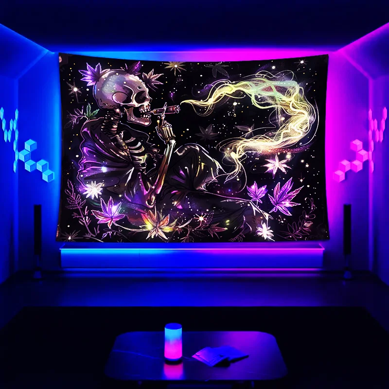 VIKAMA Steamwave Neon-Schädel-Wandteppich, leuchtender Pfeifennebel, florales Kunstwandbild, dunkles Thema, Wohnzimmer-Funktion, Wand- und Raumdekoration