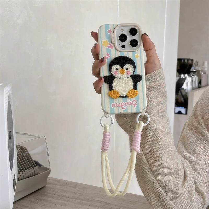 Cute embroidered little penguin phone case with wrist strap for iPhone 13, 14, 15 ,16 Pro Max