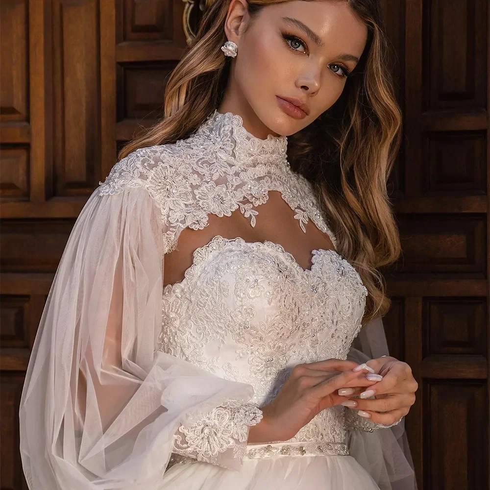 Vestido de novia de manga larga con cuello hasta el muslo para mujer, línea A, clásico, elegante, desmontable, apliques de tul, Perla