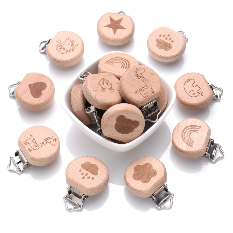 5Pcs/Lot Baby Beech Wood Pacifier Clips For Baby Chew Feeding Accessory Wooden Dummy Clip DIY Nipple Chain Holder Teething Chain