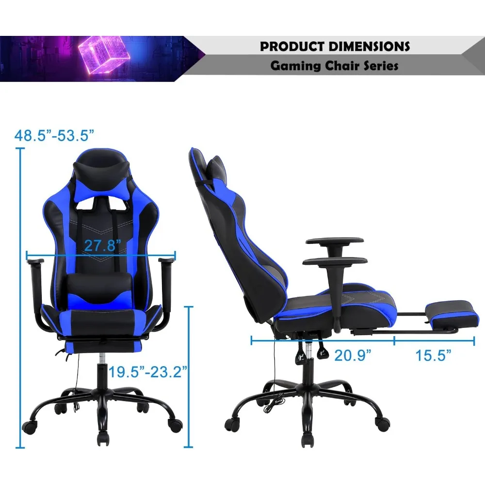 Blue Massage Gaming Chair with Footrest, PU Leather Gaming Chairs for Adults, High Back Office Chair Ergonomic Desk Chair Comput