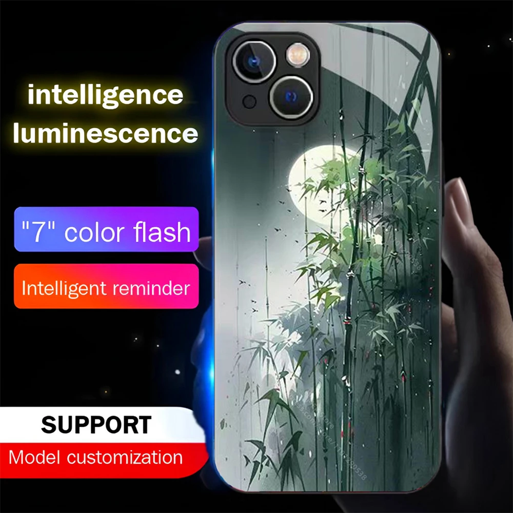 Moonlit Bamboo Grove Sound Music Control Led Light Phone Case Glowing Cover For iPhone 16 15 14 13 12 11 Pro Max X XS XR Plus