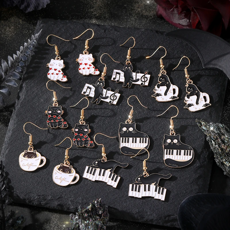 New Cute Piano Cup Small Cat Earrings For Women Girl Red Creative Funny Heart Kitten Animals Drop Earrings Jewelry Gift