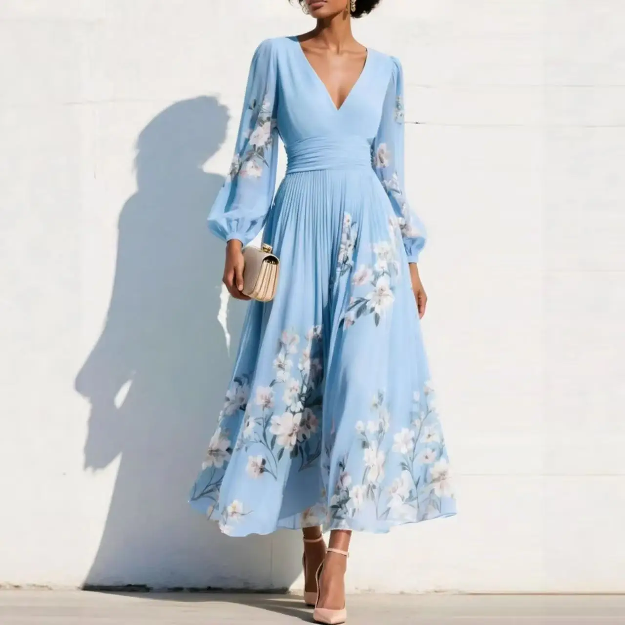 New Spring Print Dress For Women 2026 Fashion Long Sleeve V Neck High Waist Big Swing A-line Maxi