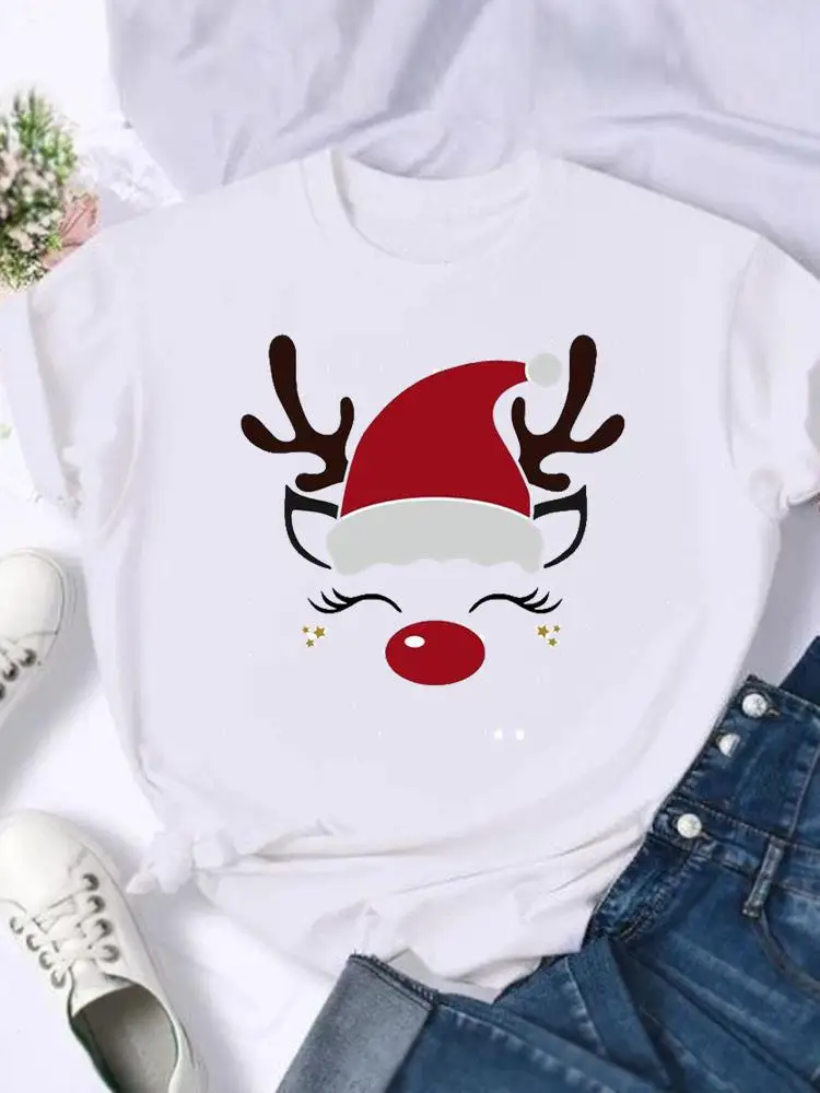 

New Year T-shirts Merry Christmas Women Holiday Shirt Deer Cartoon Trend 90s Clothing Fashion 2025Print T Top Graphic T Tee