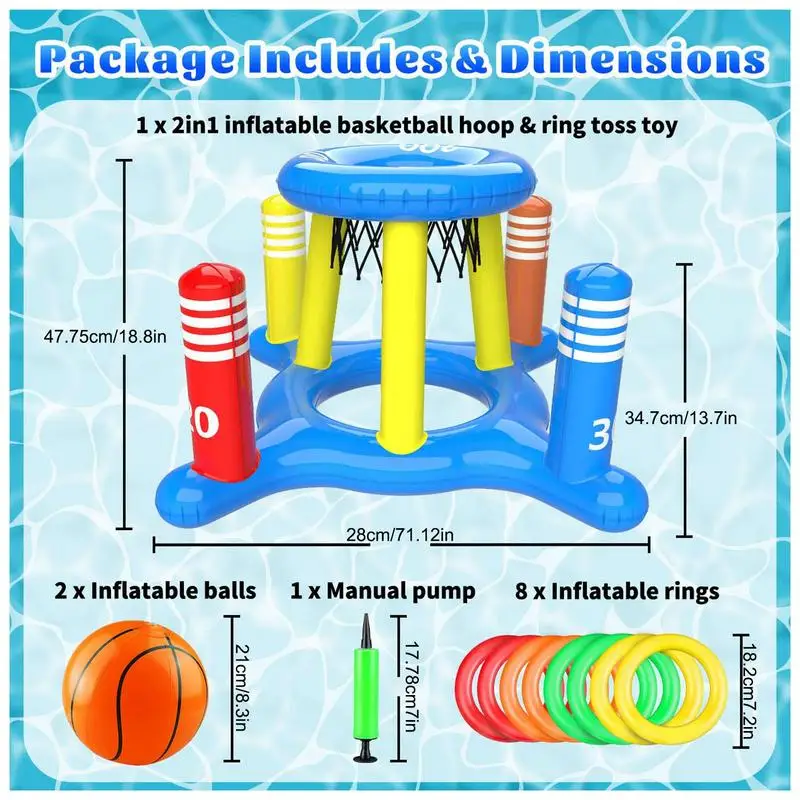 Basketball Hoop 2 In 1 Inflatable Pool Basketball Hoop Multifunctional Pool Toys Games With 8 Toss Rings Outdoor Water Game