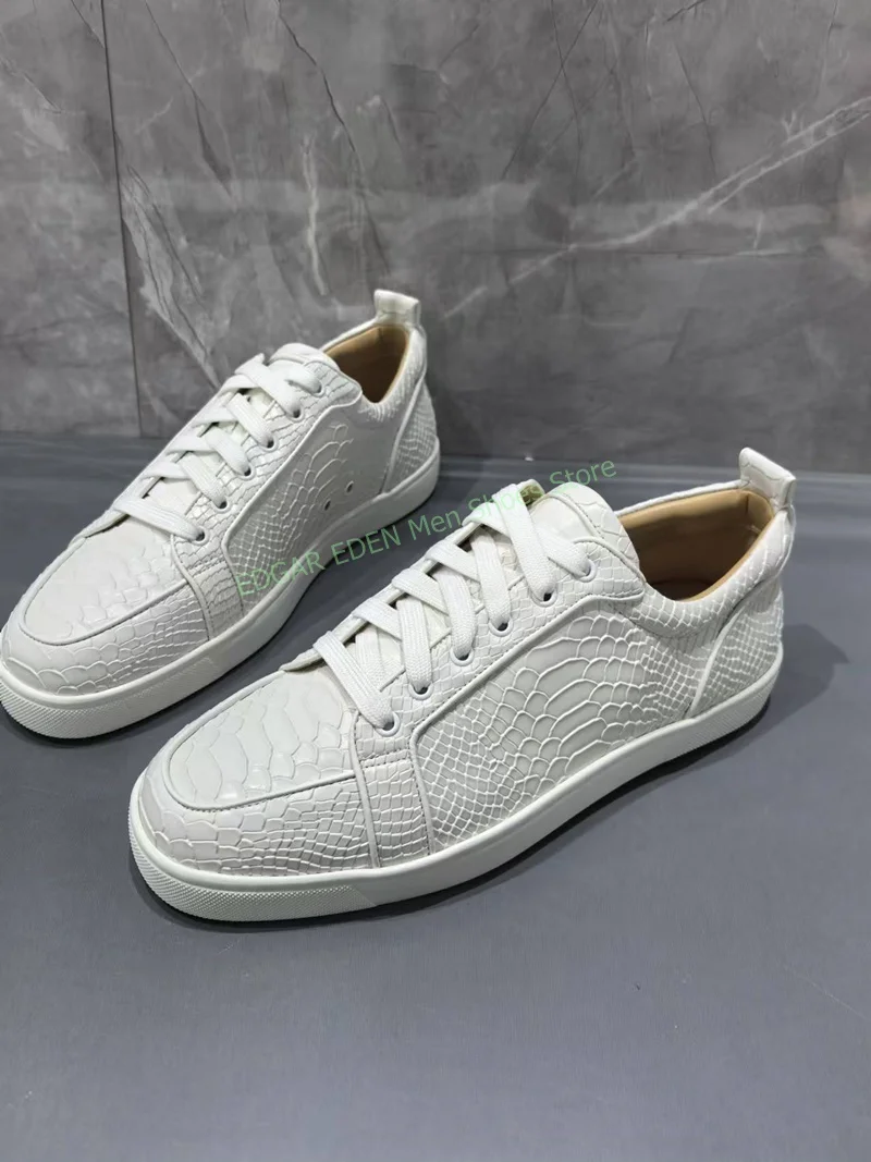 

Fashion Snake Grain Men White Genuine Leather Loafer Single Shoes Round Toe Male Lace Up Comfortable Flat Heel Single Shoes