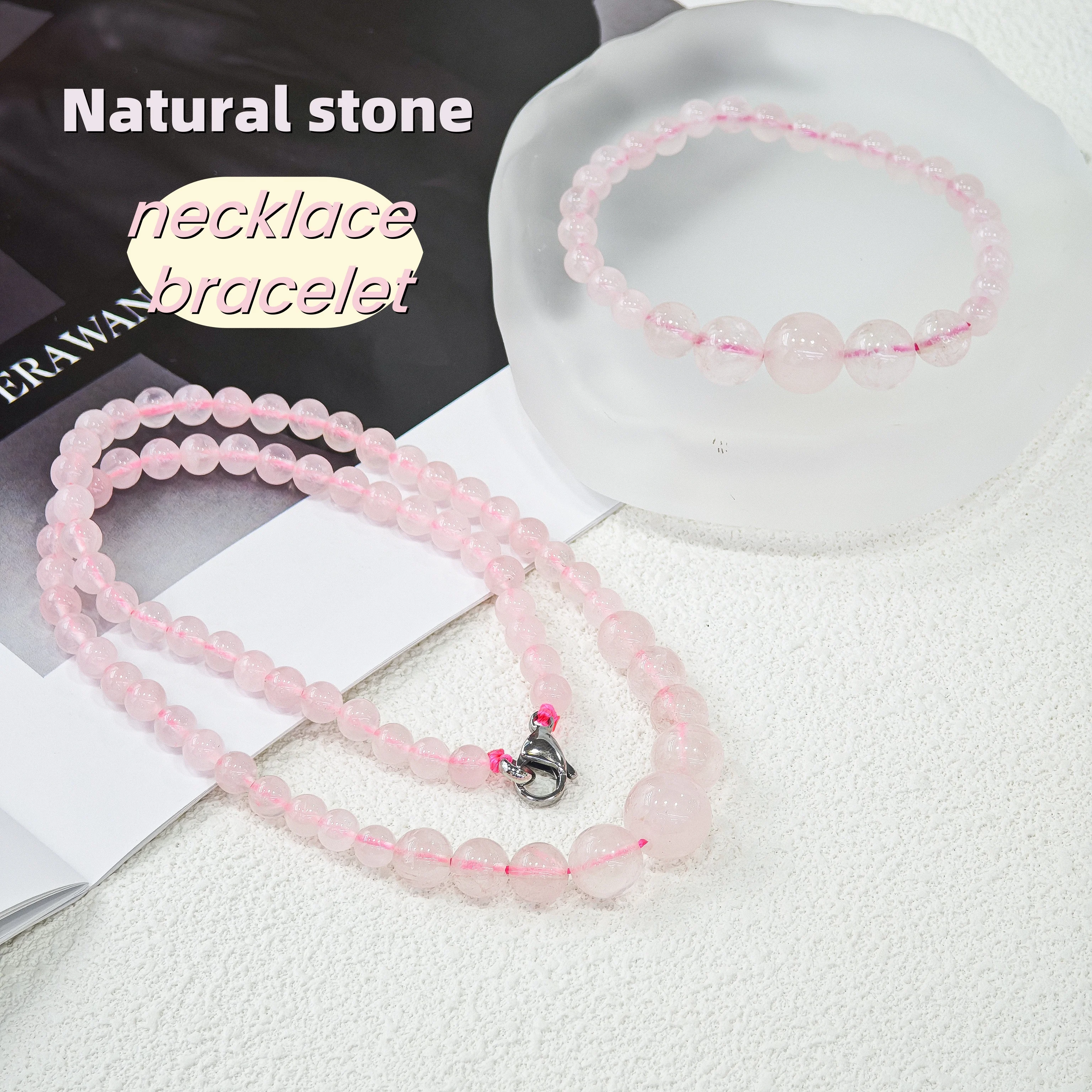 

Lecter Store Unique handmade pink natural stone necklace bracelet pendant, round women's jewelry gift set accessories