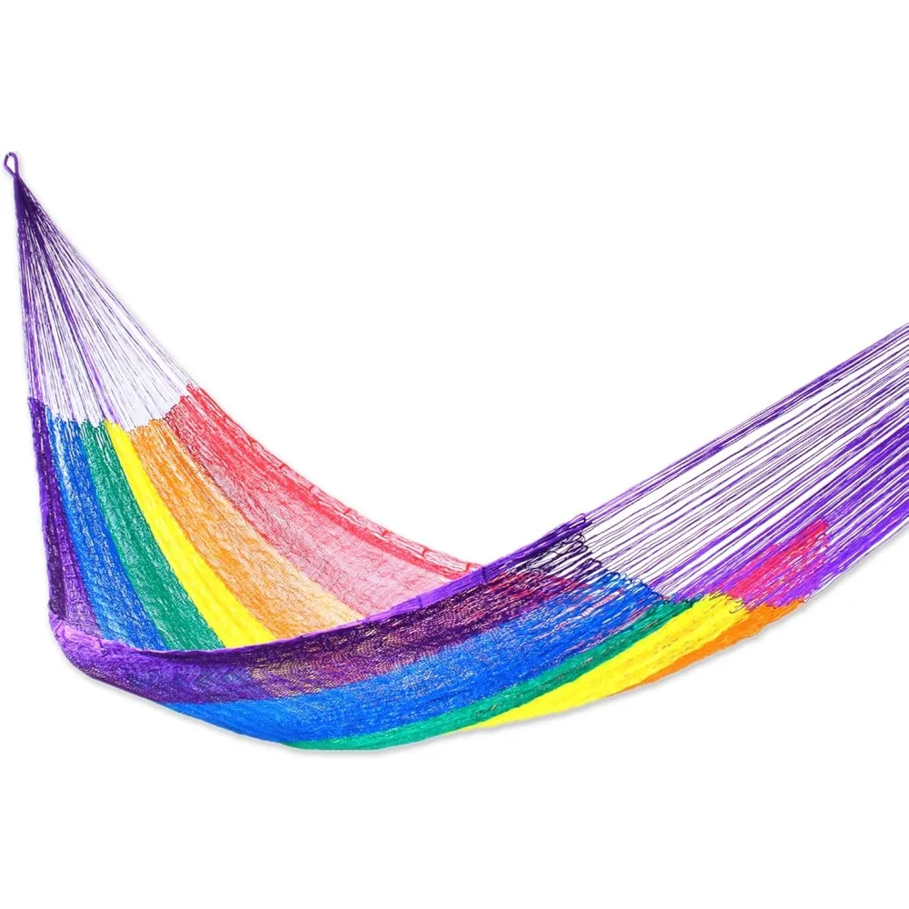 

Multicolor Rainbow Striped Hand Woven Nylon Mayan 1 Person Rope Hammock, Dreaming of Rainbows' (Single)