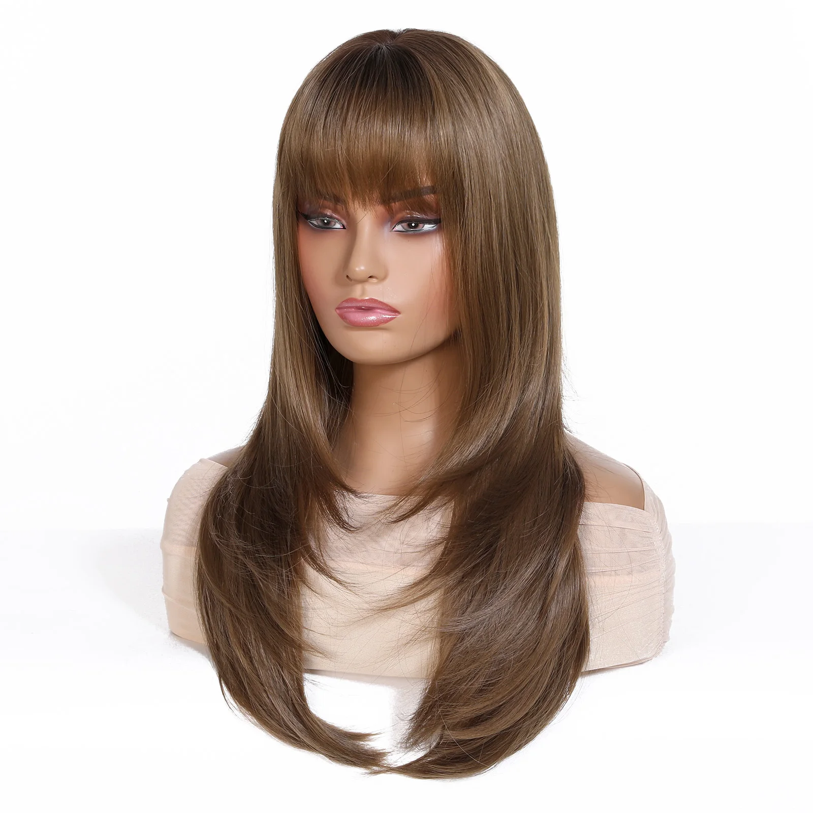 ALAN EATON Long Straight Synthetic Wigs For Women Brown Layered Hair Wigs With Bangs Daily Use Party Heat Resistant Natural Wigs