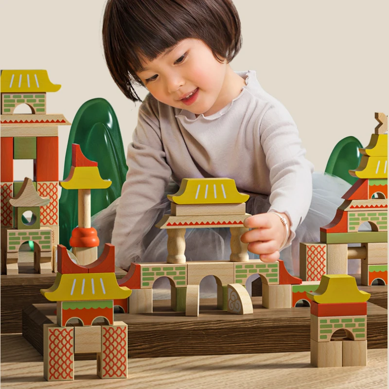 55pcs Wooden Puzzle Chinese Style Building Blocks Set Children Toy Constructor Stacking Board Games Montessori Interactive Toys