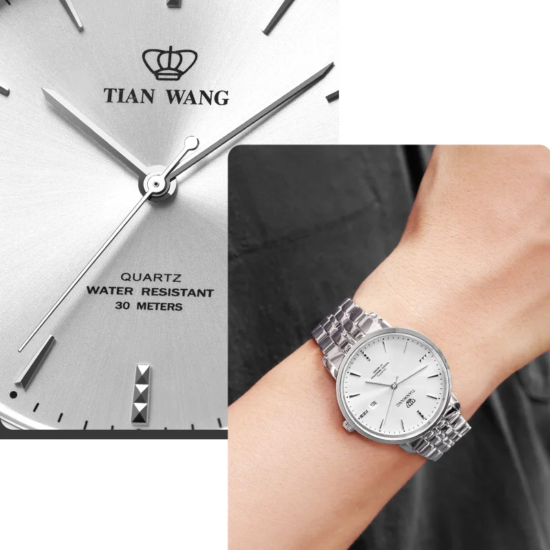 TIAN WANG Men\'s Watches For Men Business Steel Band Quartz Wristwatches Canghai Series 39mm Male Fashion Casual Calendar Clock