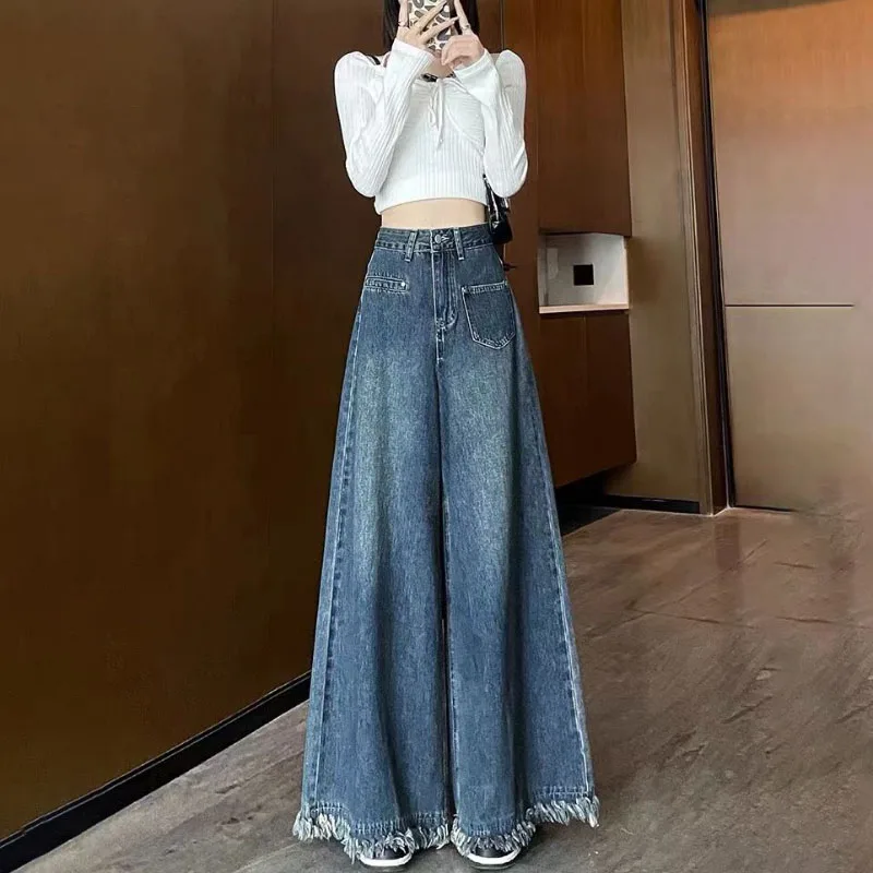 Washed Burrs Wide Leg Denim Trousers Women's 2026 Spring Autumn New Fashion Vintage High Waist Loose Street Mop Pants