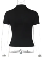 FDYOUI Fashion Stand Collar Button Hollow Out T-shirt for Women 2026 Sexy Short Sleeve Slim Cropped T Shirts Black Wine Red Tops - Image 6