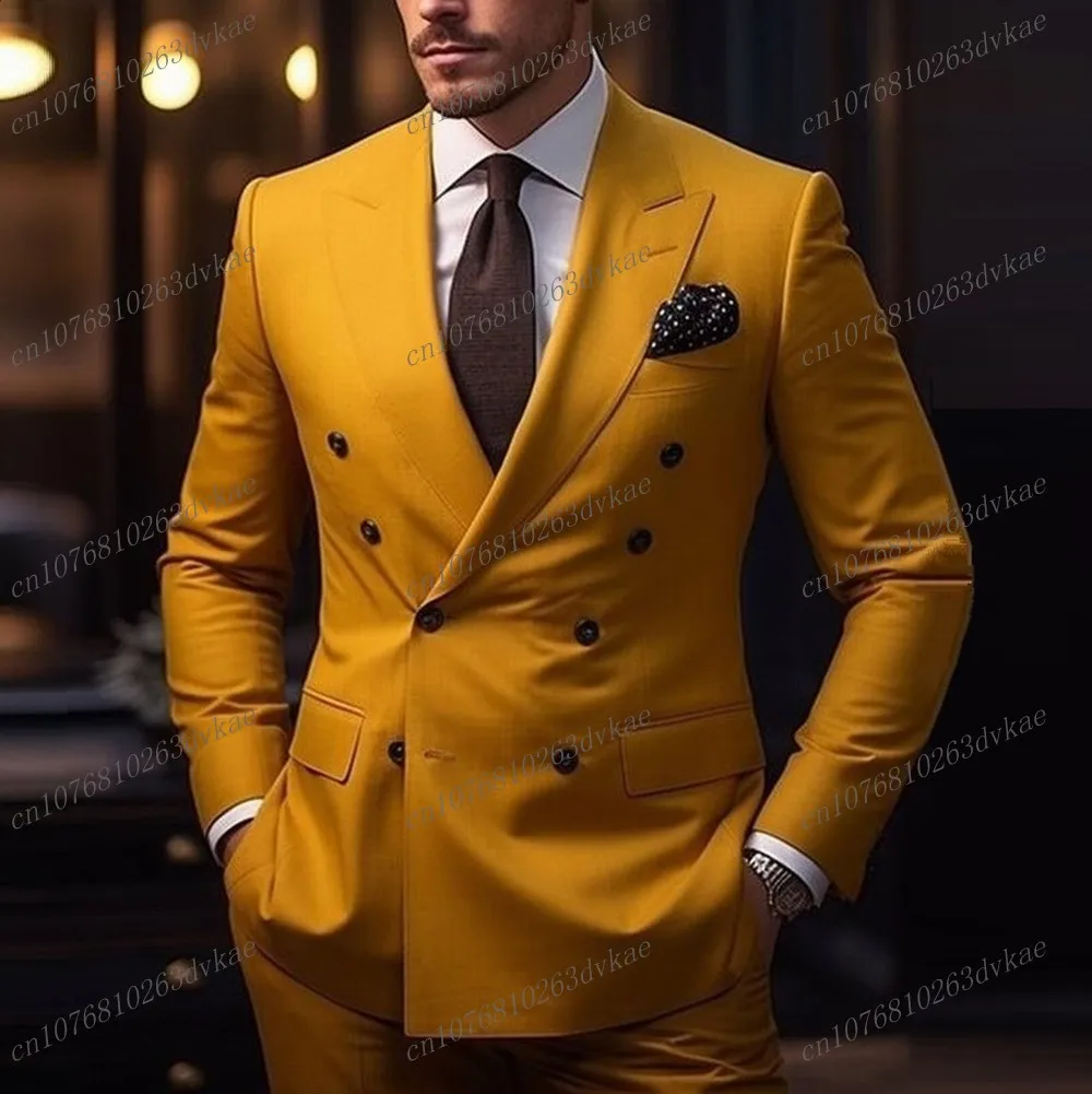 Fashion Male Dark Yellow Business Men Suit Groom Groomsman Wedding Party Prom Formal Occasion Tuxedos 2 Piece Set Blazer Pants