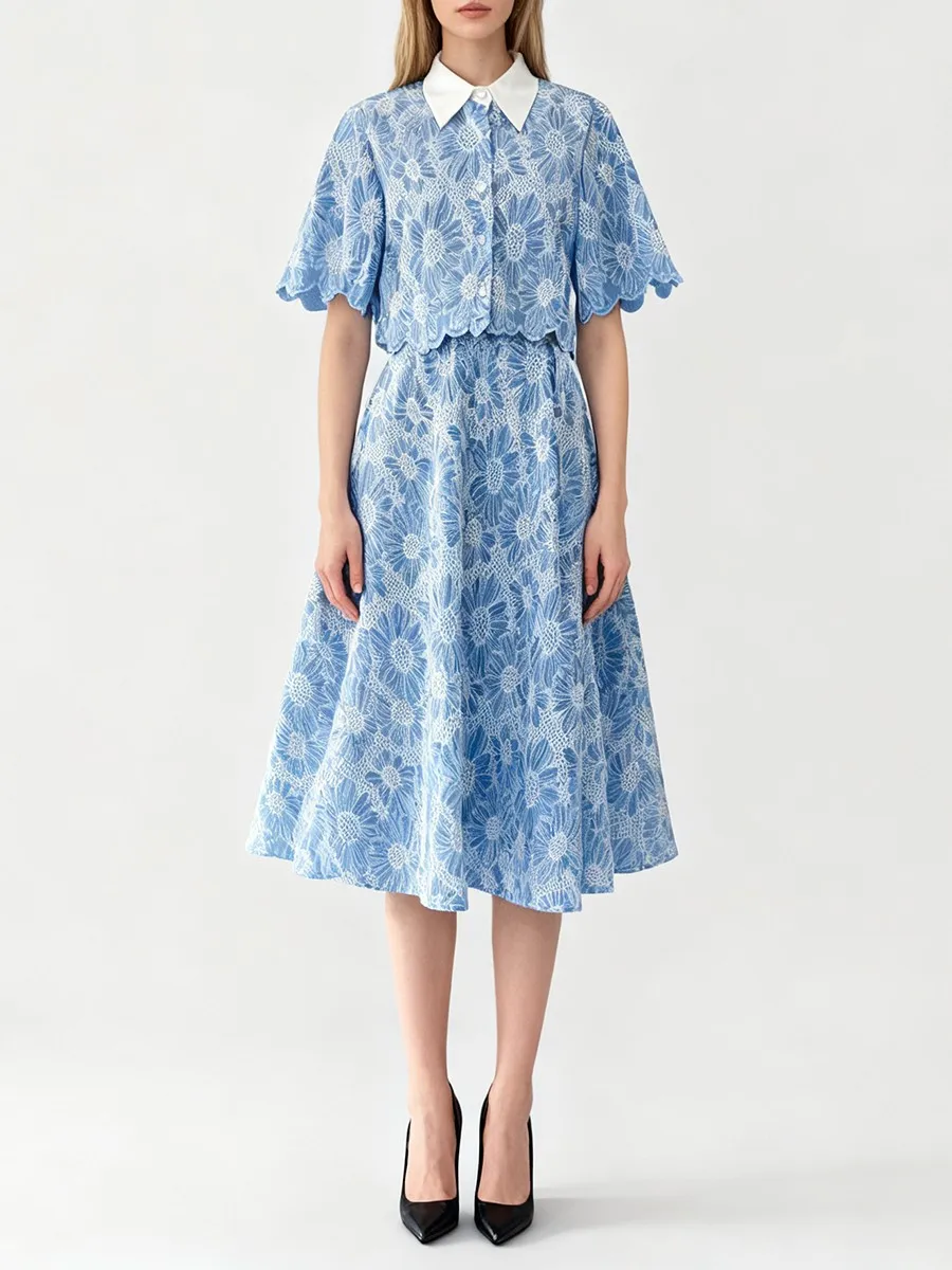 TWOTWINSTYLE, conjuntos de dos piezas con estampado de colores para mujer, solapa, media manga, Top corto, falda de cintura alta, conjunto elegante para mujer, nuevo