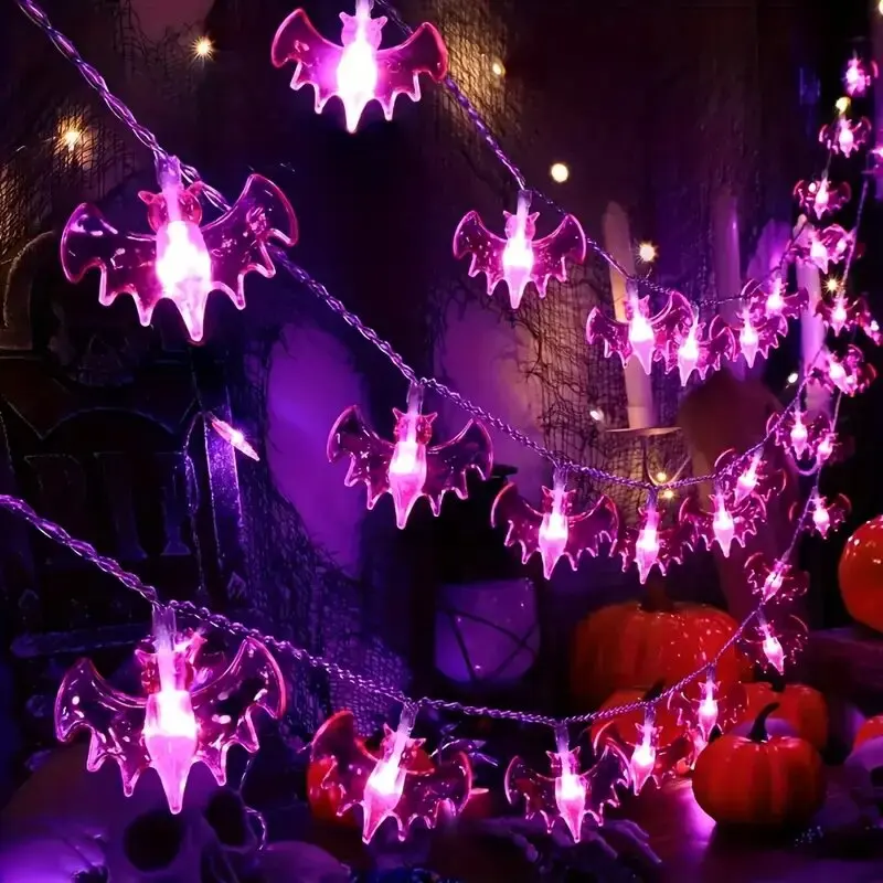 1PC Halloween Paarse Vleermuis Lichtslingers 10/20LED Batterij Aangedreven Feestelijke Lamp Terror Decoratie Licht Voor Feest, bar Spookhuis