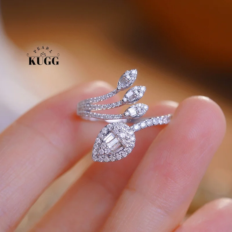 KUGG 100% 18K White Gold Rings Fashion Elegant Design 0.50carat Real Natural Diamond Open Ring for Women High Party Jewelry