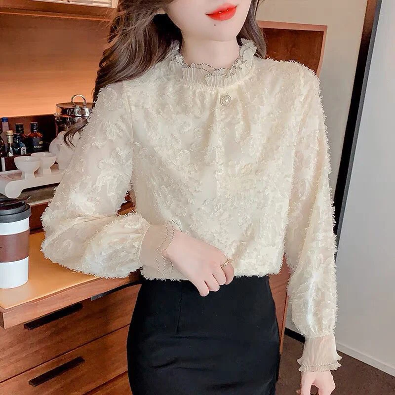 Spring Autumn Temperament Stand Collar Long Sleeve Lace Shirt Femme Elegant Fashion Pullover Top Women Korean Style White Blouse