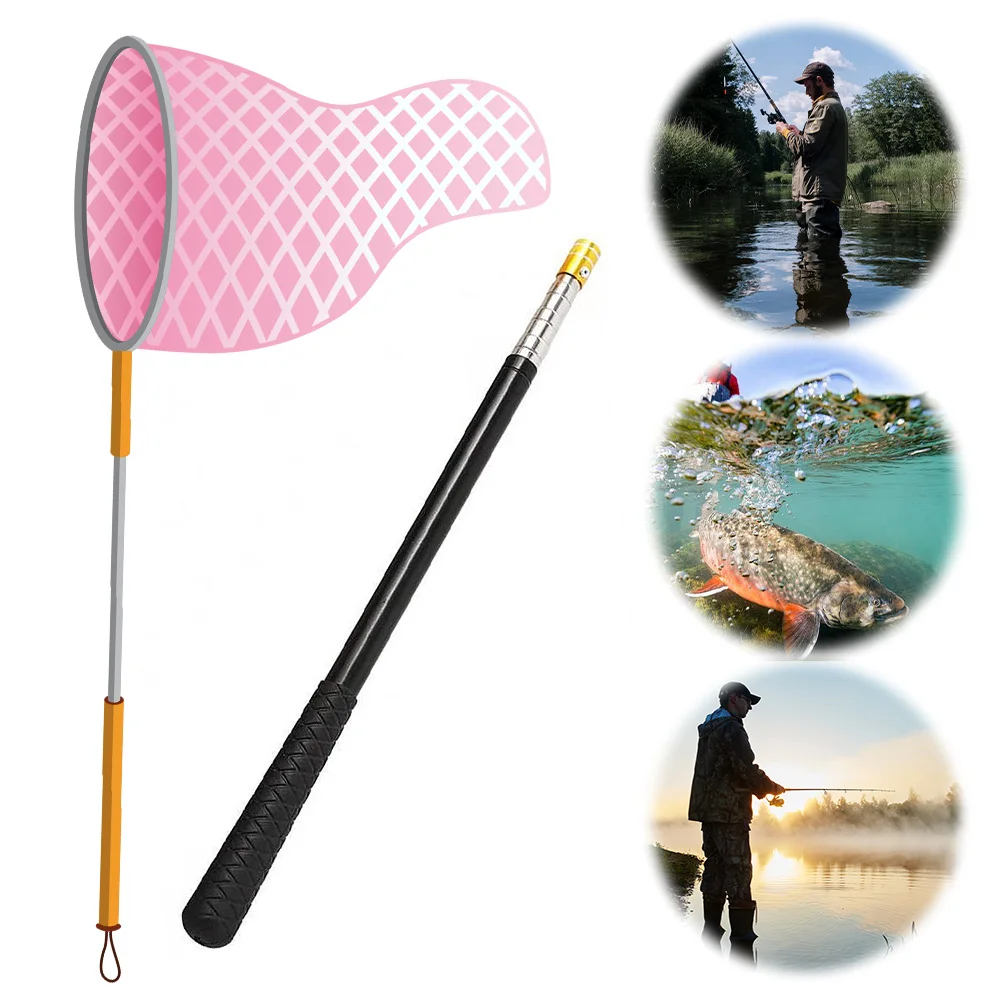 1.5M Retractable Fishing Landing NET Rod สแตนเลส Telescopic Landing NET Handle เครื่องมือตกปลาสําหรับน้ําจืดและน้ําเค็ม