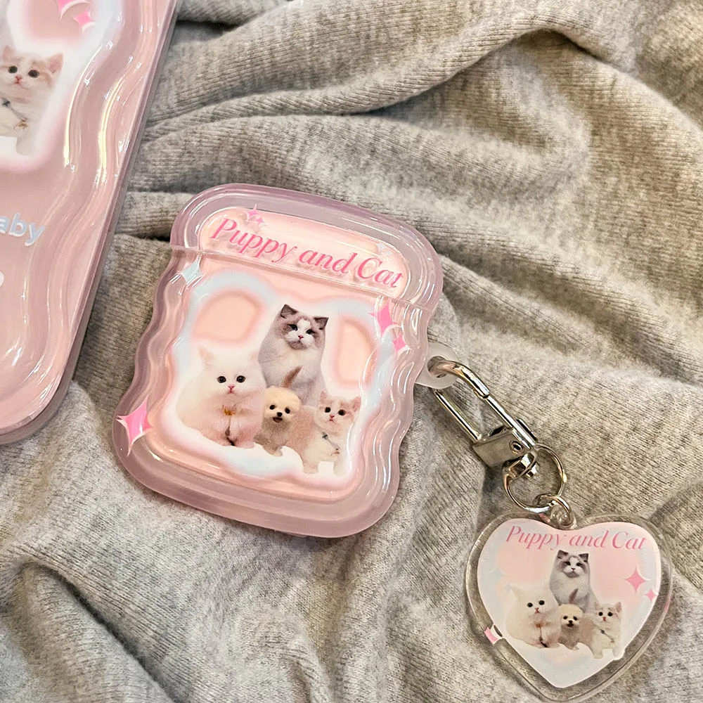 For Airpods 1 2 Pro 2 Earphone Case Creative Cute Pink Kitten Puppy Newspaper Wave Frame Pendant Anti-fall Shell For Airpods 3