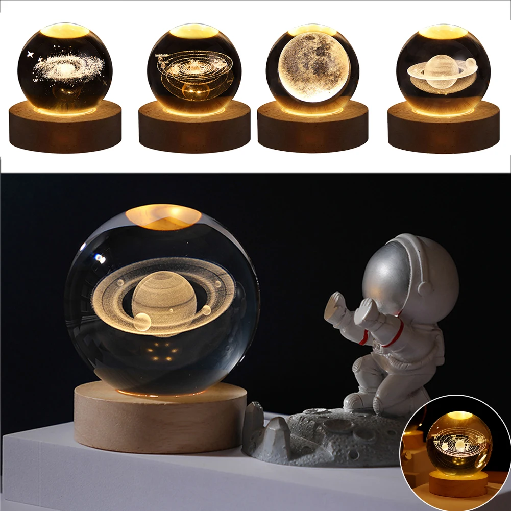 Crystal Ball Night Lights Glowing Planet Galaxy Astronaut 3D Moon Table Lamp USB Atmosphere Lamp Tabletop Decorations Kid Gifts