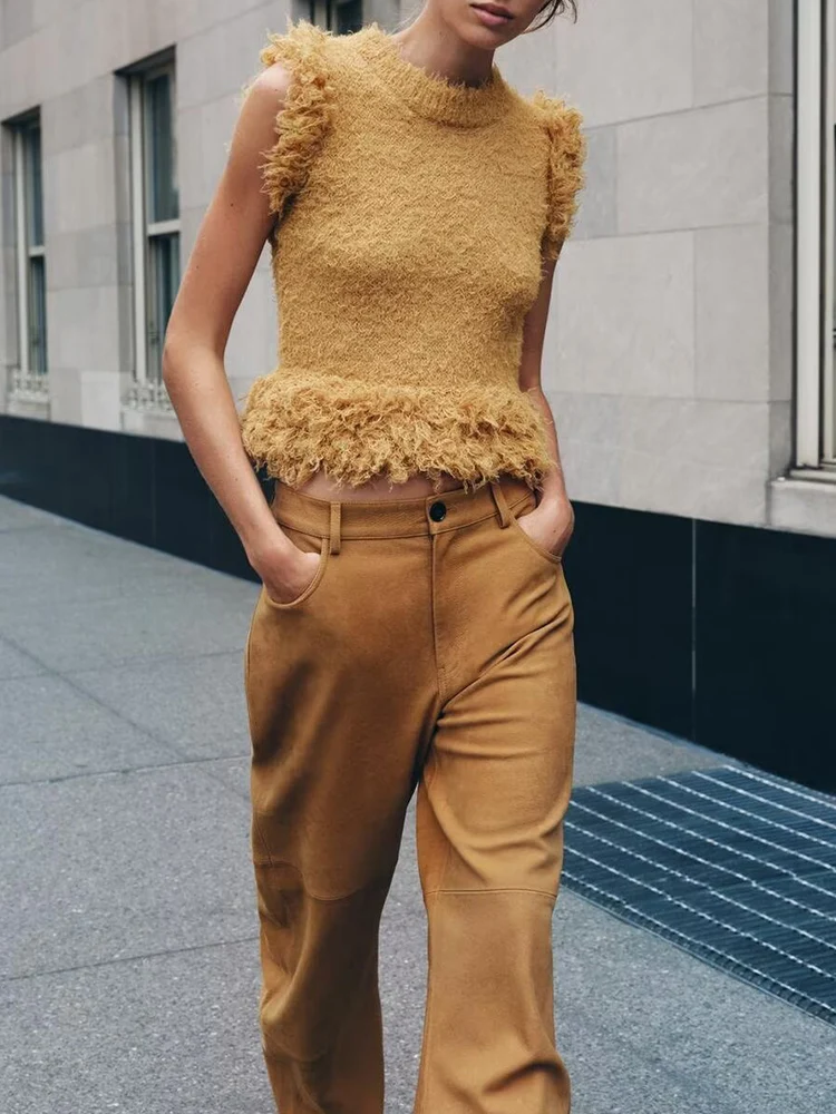 

European and American style autumn new fashion trend women's clothing faux fur effect sleeveless round neck knitted top