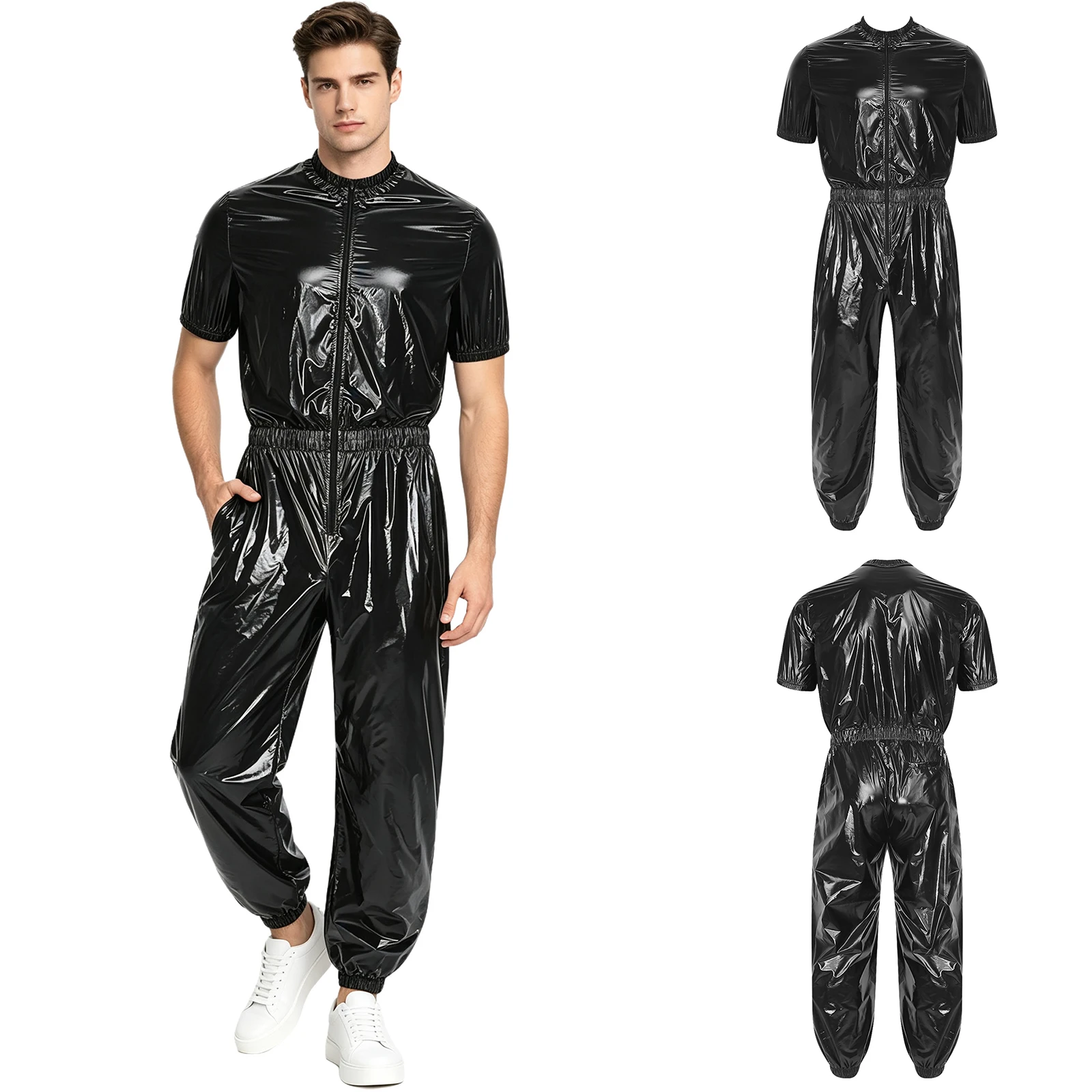 Wasserdichter Herren-Jumpsuit mit kurzen Ärmeln, Reißverschluss vorne, Seitentaschen, Jogginghose, schnell trocknend, atmungsaktiv, für Outdoor-Workouts