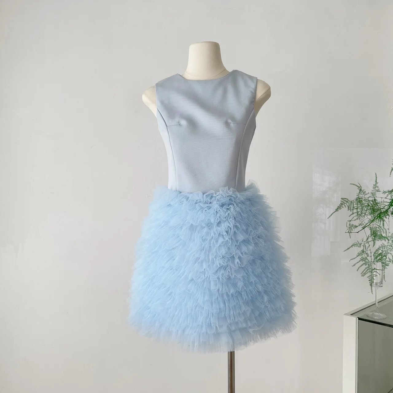 

Elegant Socialite Birthday Party Dress Summer Round Neck Sleeveless High Waist Slim A-line Splicing Mesh Fluffy Mini Dress Women